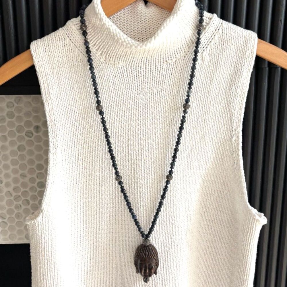Calypso St Barth Hipchik Chunky Navy Stone Buddha Statement Necklace Boho